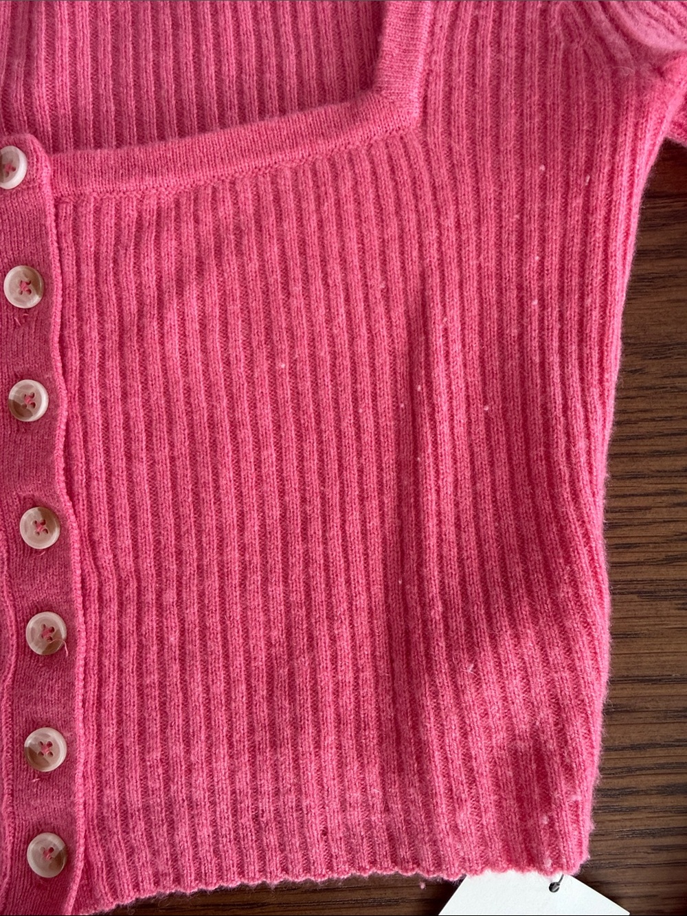 Reformation Cashmere Cropped Hot Pink Ribbed Square-Neck Button Cardigan - Picture 4 of 7